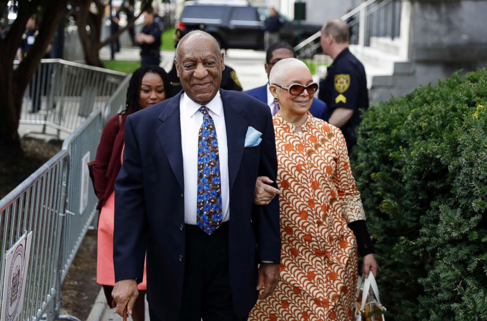 PHOTO: Bill Cosby, left, arrives with his wife, Camille, for his sexual assault trial, April 24, 2018, at the Montgomery County Courthouse in Norristown, Pa.