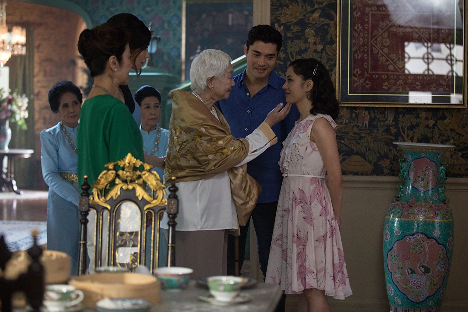 PHOTO: Michelle Yeoh, Constance Wu, Gemma Chan, and Henry Golding in a scene from "Crazy Rich Asians," 2018.