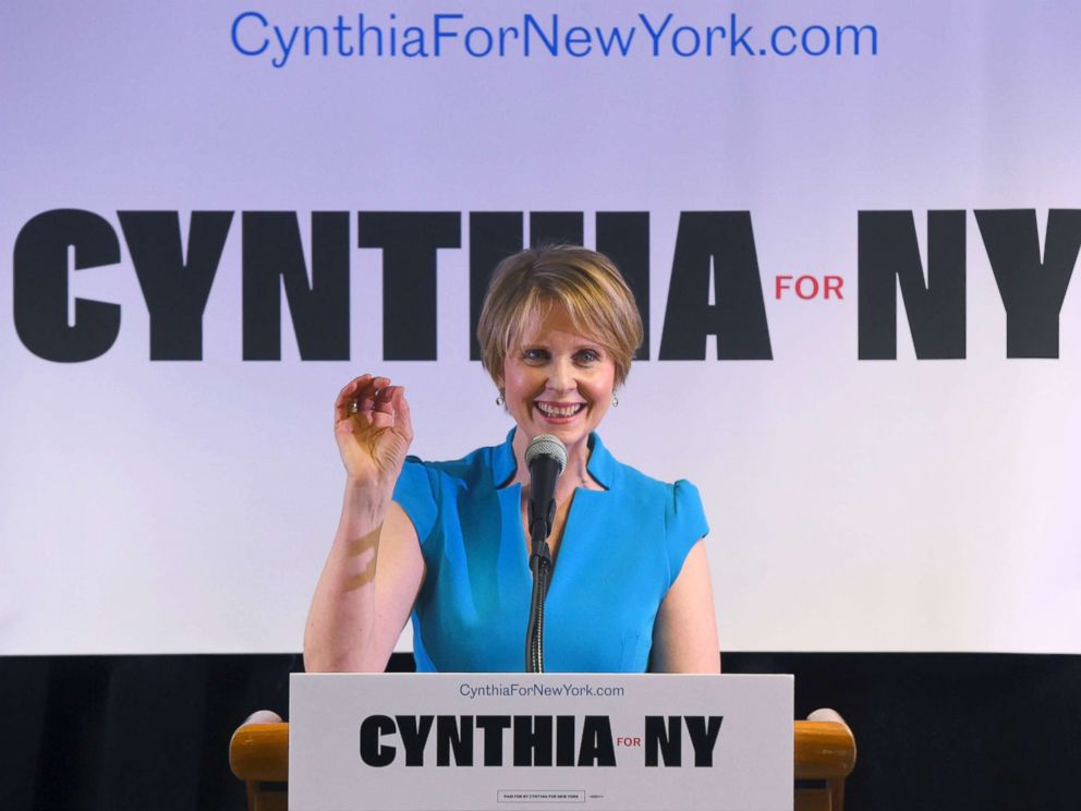 PHOTO: Former Sex and the City star Cynthia Nixon speaks to people at the Bethesda Healing Center in Brooklyn, N.Y., March 20, 2018 at her first event since announcing that shes running for governor of N.Y.