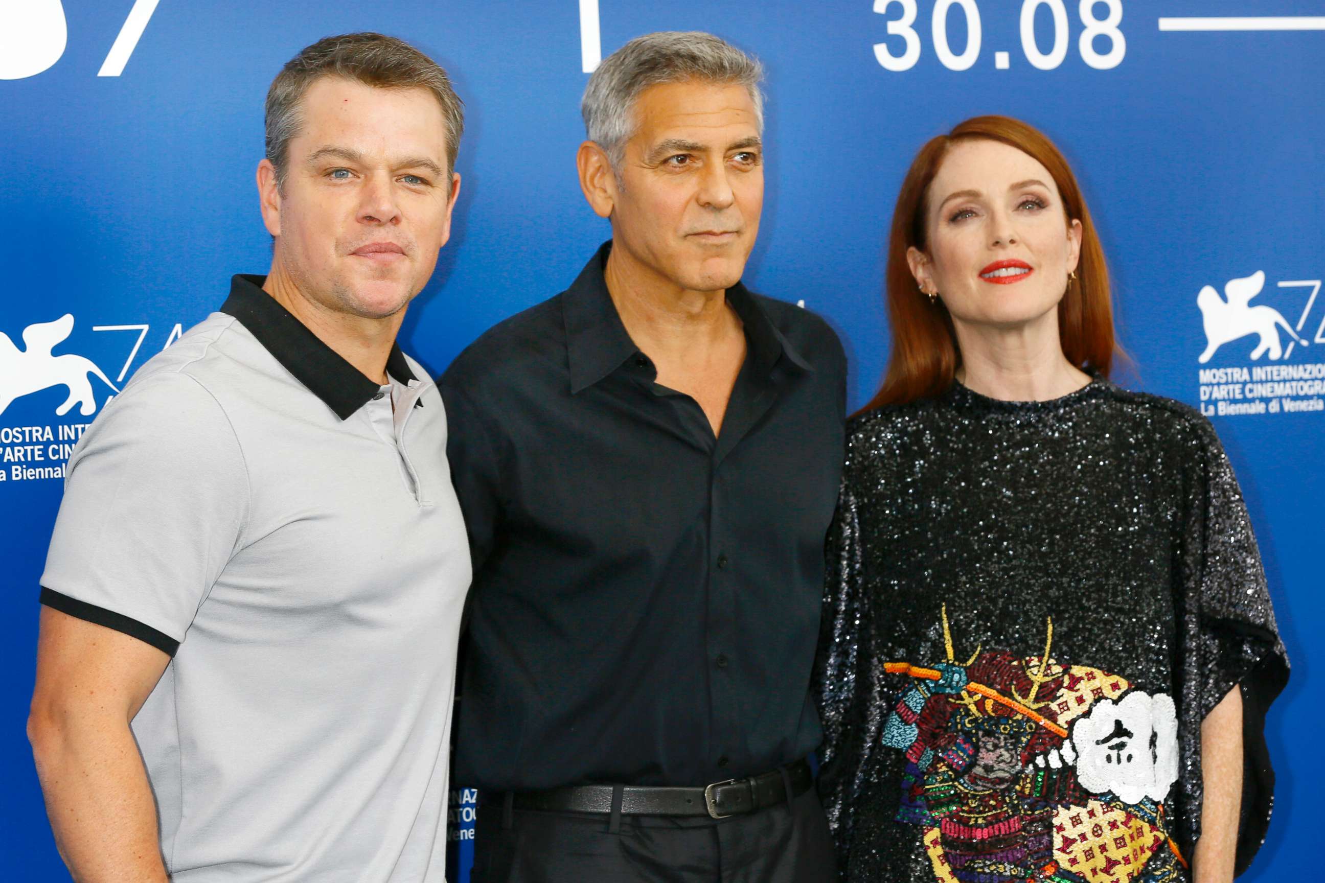 PHOTO: Matt Damon, George Clooney and Julianne Moore attend the 'Suburbicon' photocall during the 74th Venice Film Festival, Sept. 2, 2017, in Venice, Italy.