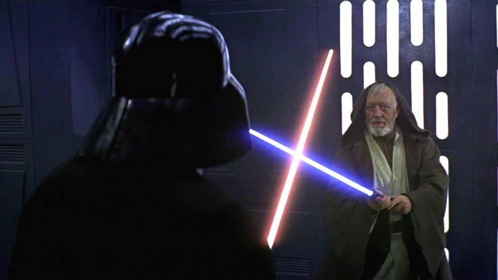 PHOTO: A scene from the original "Star Wars" trilogy of Obi-Wan Kenobi's duel with Darth Vader, 1977.