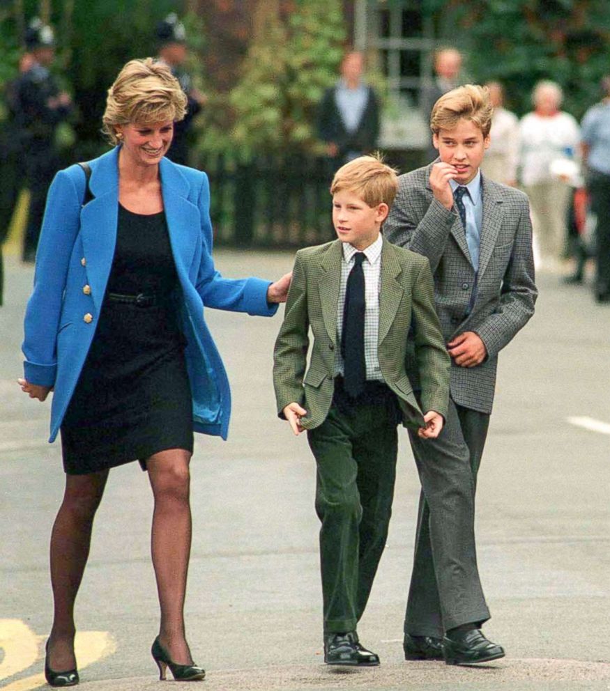 PHOTO: Princess Diana, Prince Harry and Prince William arrive at Eton College for William's first day of school, Sept. 16, 1995, in Windsor, England. 