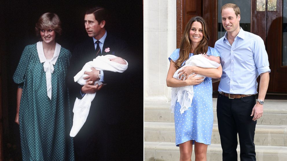 PHOTO: Charles, Prince of Wales and Diana, Princess of Wales leave St Mary's Hospital with Prince William on June 22, 1982, London. Prince William, Duke of Cambridge, Catherine, Duchess of Cambridge and their newborn son George on July 23, 2013 in London.