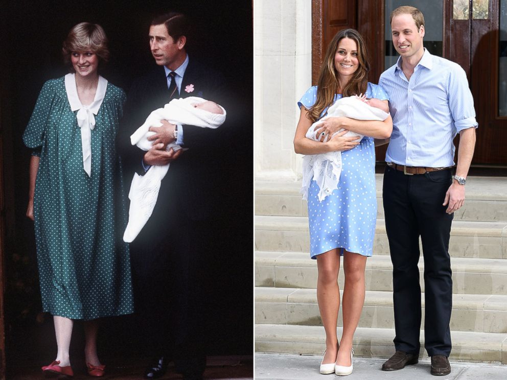 PHOTO: Charles, Prince of Wales and Diana, Princess of Wales leave St Mary's Hospital with Prince William on June 22, 1982, London. Prince William, Duke of Cambridge, Catherine, Duchess of Cambridge and their newborn son George on July 23, 2013 in London.