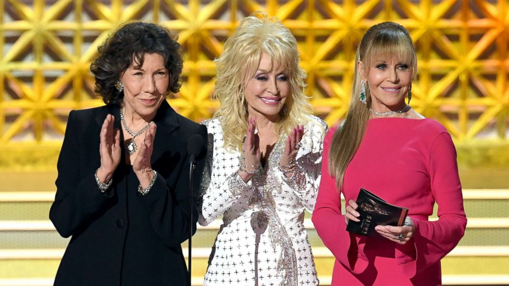 PHOTO: Lily Tomlin, Dolly Parton and Jane Fonda speak onstage during the 69th Annual Primetime Emmy Awards at Microsoft Theater on Sept. 17, 2017 in Los Angeles.