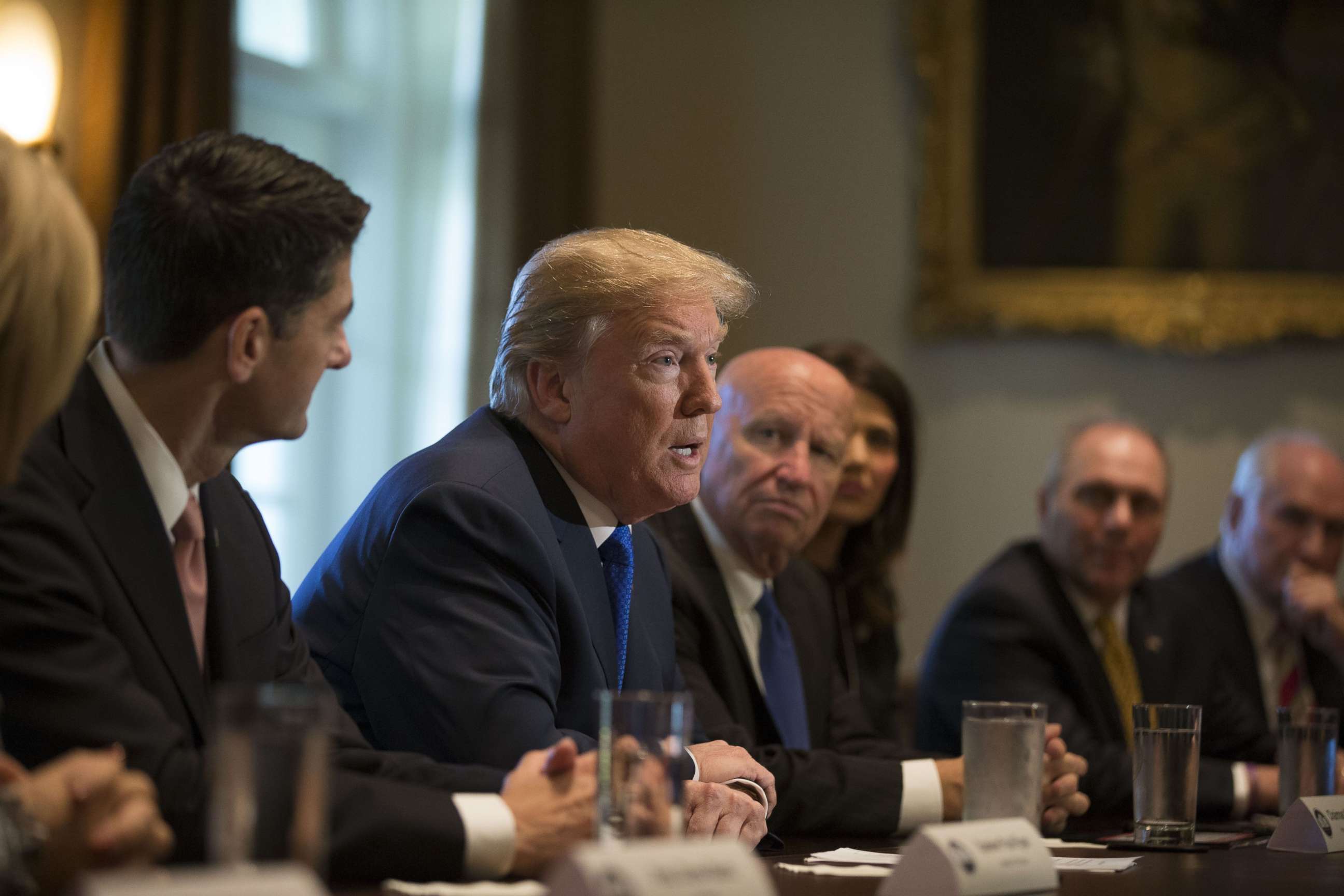 PHOTO: President Donald J. Trump speaks with reporters about his proposed tax reform plan in the cabinet room during a meeting with congressional republicans at the White House in Washington, Nov. 2, 2017.