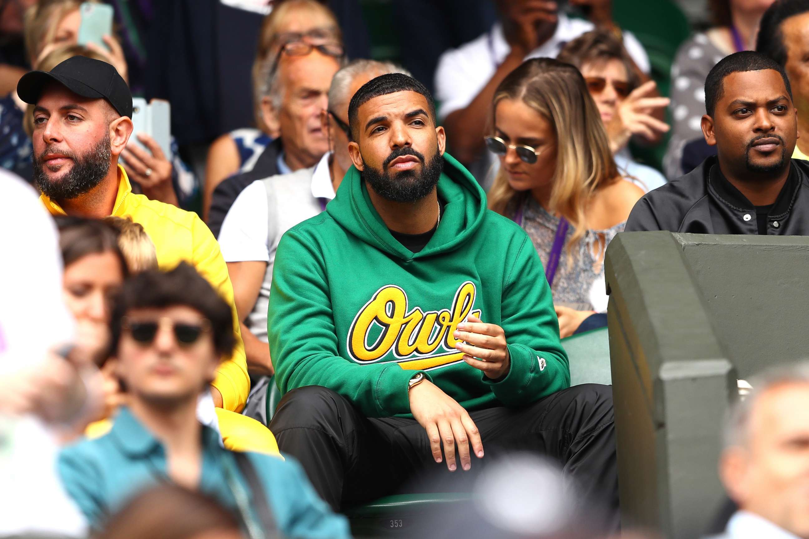 PHOTO: Rapper Drake attends day eight of the Wimbledon Lawn Tennis Championships at All England Lawn Tennis and Croquet Club, July 10, 2018 in London.
