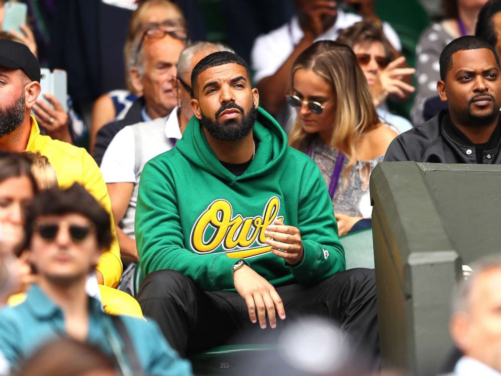 PHOTO: Rapper Drake attends day eight of the Wimbledon Lawn Tennis Championships at All England Lawn Tennis and Croquet Club, July 10, 2018 in London.