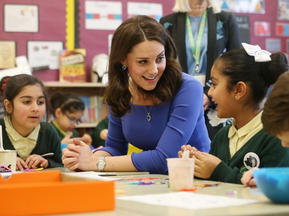 PHOTO: The Duchess of Cambridge meets Year 3 pupils at Roe Green Junior School in Brent, London as she launches a mental health programme for schools as part of the Heads Together campaign, Jan. 23, 2018.