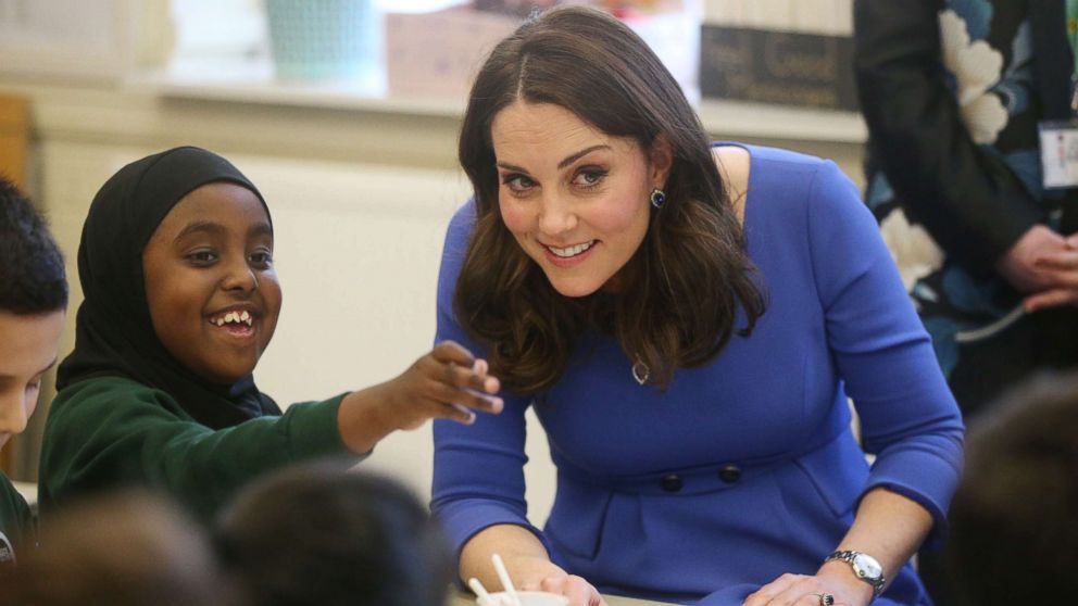PHOTO: The Duchess of Cambridge meets Year 3 pupils at Roe Green Junior School in Brent, London as she launches a mental health program for schools as part of the Heads Together campaign, Jan. 23, 2018. 