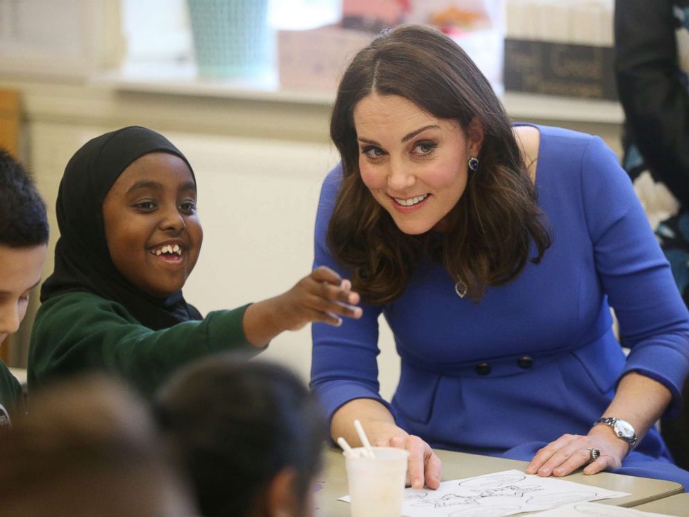 PHOTO: The Duchess of Cambridge meets Year 3 pupils at Roe Green Junior School in Brent, London as she launches a mental health program for schools as part of the Heads Together campaign, Jan. 23, 2018.