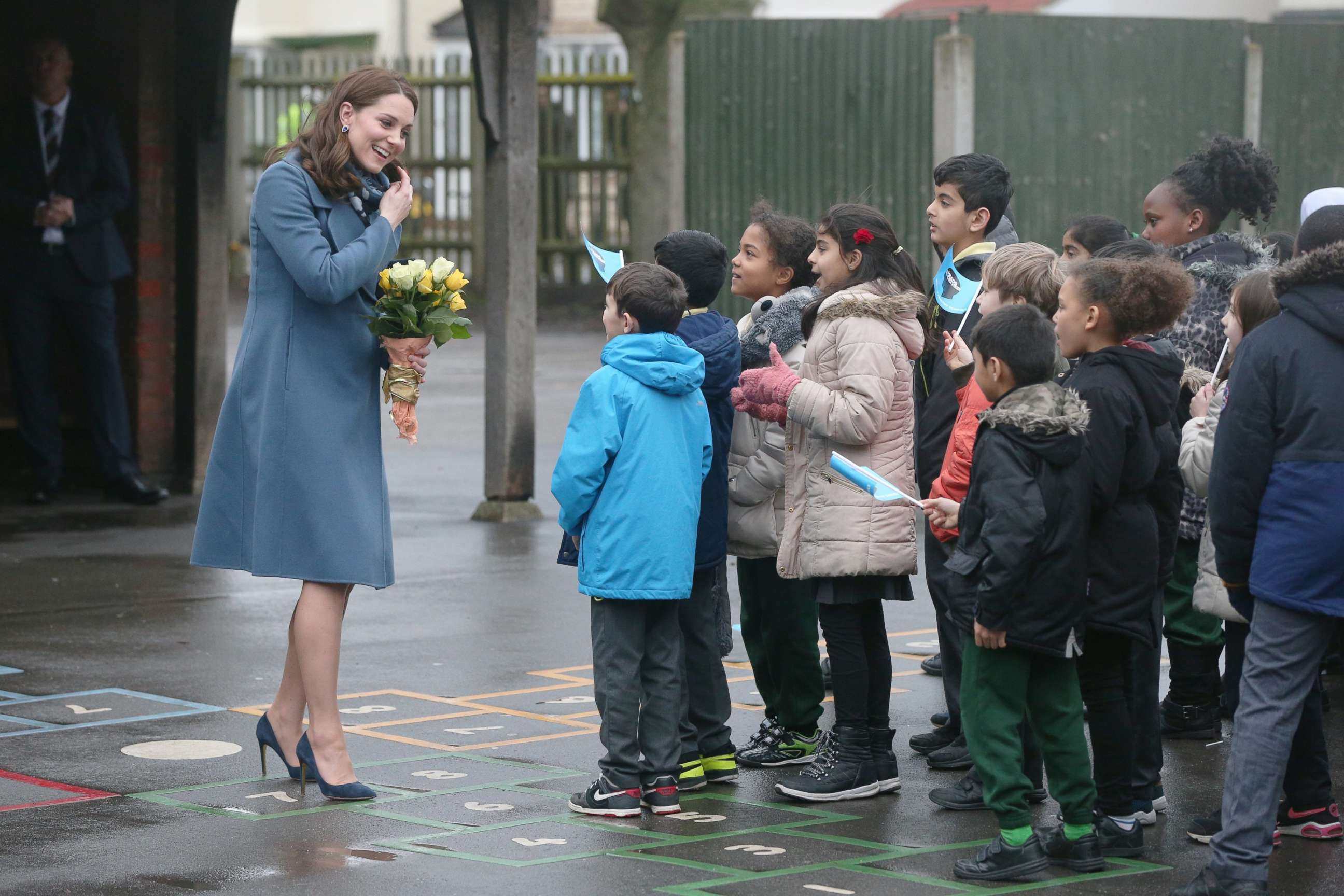 PHOTO: The Duchess of Cambridge greets children as she arrives at Roe Green Junior School where she will launch a mental health program for schools, Jan. 23, 2018, in Brent, London.