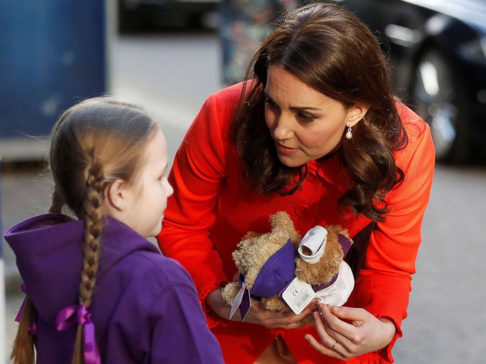 PHOTO: Kate, the Duchess of Cambridge, is given two teddy bears by patient Ava Watt as she arrives to visit Great Ormond Street Hospital to officially open the Mittal Children's Medical Centre, in London, Jan. 17, 2018.