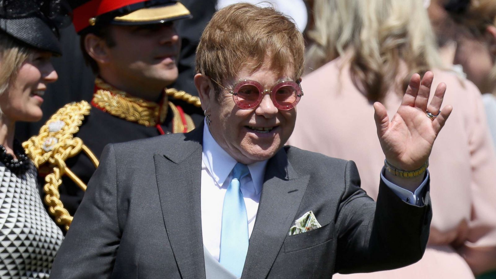 PHOTO: Sir Elton John arrives at the wedding of Prince Harry to Meghan Markle at St. George's Chapel, Windsor Castle on May 19, 2018 in Windsor, England.