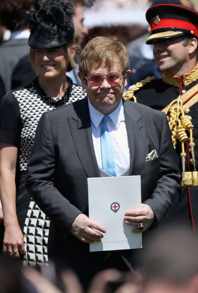 PHOTO: Sir Elton John arrives at the wedding of Prince Harry to Meghan Markle at St. George's Chapel, Windsor Castle on May 19, 2018 in Windsor, England.