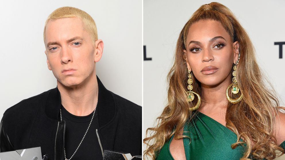 Pictured (L-R) are Eminem in Amsterdam, Nov. 10, 2013 and Beyonce in New York City, Oct. 17, 2017.