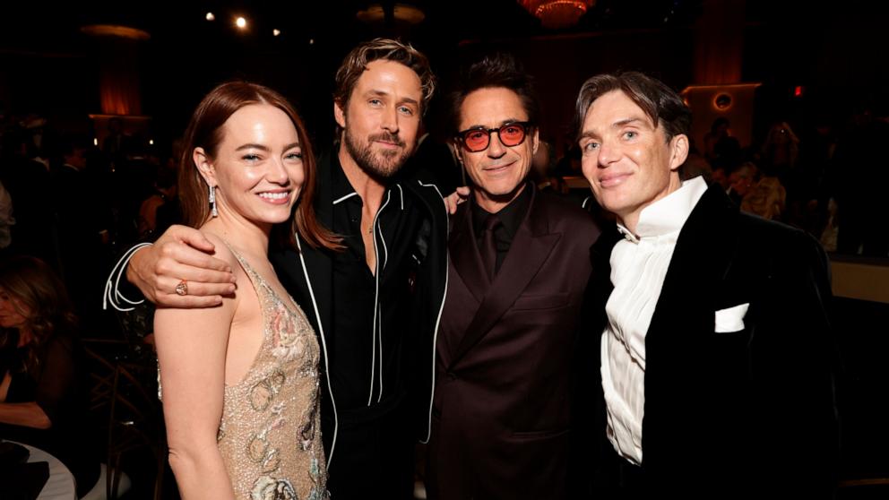 PHOTO: Emma Stone, Ryan Gosling, Robert Downey Jr. and Cillian Murphy at the 81st Annual Golden Globe Awards, Jan. 7, 2024.