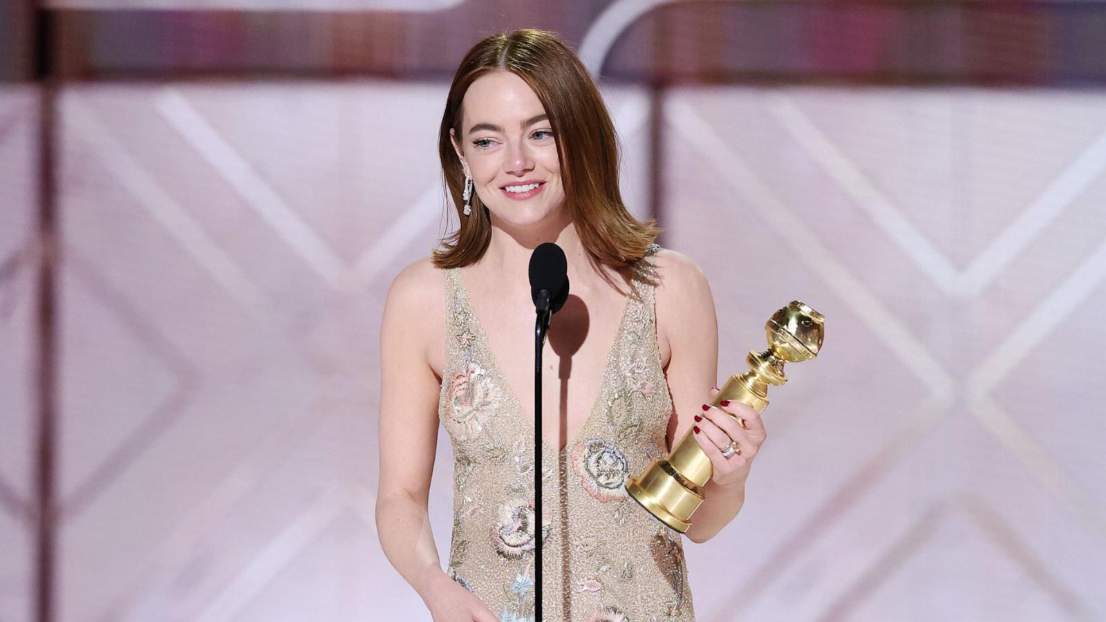 PHOTO: Emma Stone accepts the award for Best Performance by a Female Actor in a Motion Picture Musical or Comedy for "Poor Things" at the 81st Golden Globe Awards, Jan. 7, 2024 in Beverly Hills.