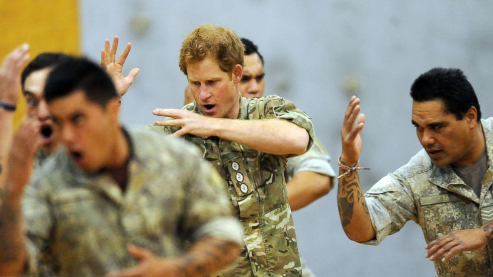 Prince Harry joins in a Maori haka with troops at the Linton Army Camp in Palmerston North, New Zealand, May 13 2015. 