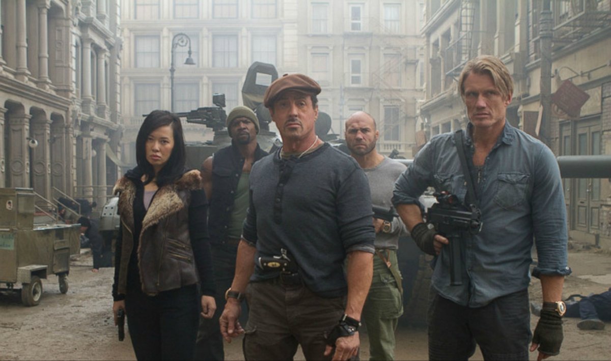 PHOTO: Sylvester Stallone, center, and Dolph Lundgren are seen in a scene from their new movie, The Expendables 2.