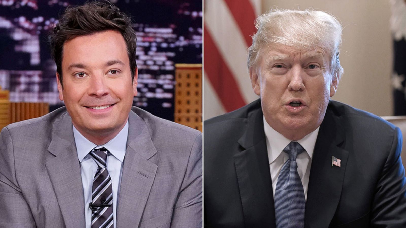 PHOTO: Host Jimmy Fallon at his desk on June 20, 2018 | President Donald Trump makes remarks to the media before a cabinet meeting in the Cabinet Room of the White House, in Washington, June 21, 2018.