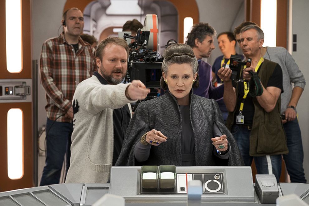 PHOTO: Rian Johnson, left, and Carrie Fisher on the set of "Star Wars: The Last Jedi."