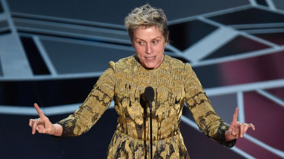 PHOTO: Frances McDormand accepts the award for best performance by an actress in a leading role for "Three Billboards Outside Ebbing, Missouri" at the Oscars, March 4, 2018, at the Dolby Theatre in Los Angeles. 