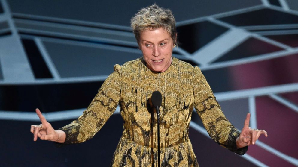 Frances McDormand accepts the award for best performance by an actress in a leading role for "Three Billboards Outside Ebbing, Missouri" at the Oscars, March 4, 2018, at the Dolby Theatre in Los Angeles. 