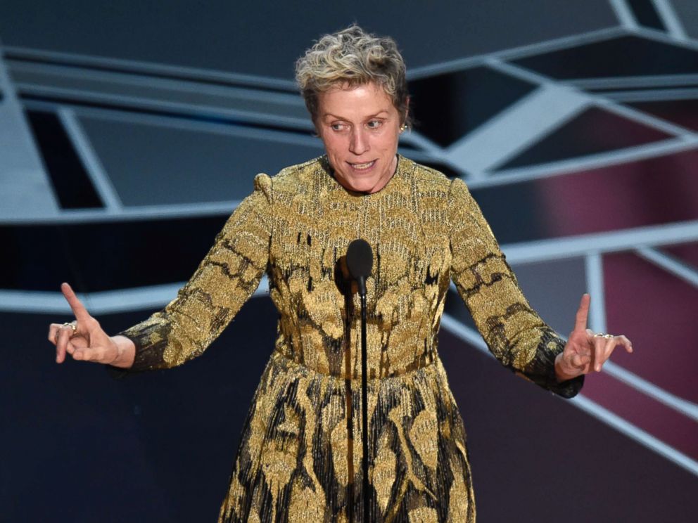 PHOTO: Frances McDormand accepts the award for best performance by an actress in a leading role for "Three Billboards Outside Ebbing, Missouri" at the Oscars, March 4, 2018, at the Dolby Theatre in Los Angeles. 