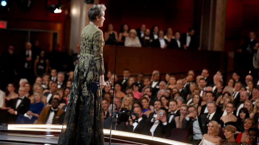 PHOTO: Frances McDormand gives her acceptance speech at the 90th Annual Academy Awards at the Dolby Theatre on March 4, 2018 in Hollywood, Calif.