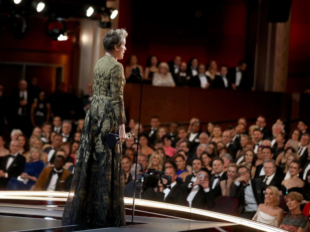 PHOTO: Frances McDormand gives her acceptance speech at the 90th Annual Academy Awards at the Dolby Theatre on March 4, 2018 in Hollywood, Calif.
