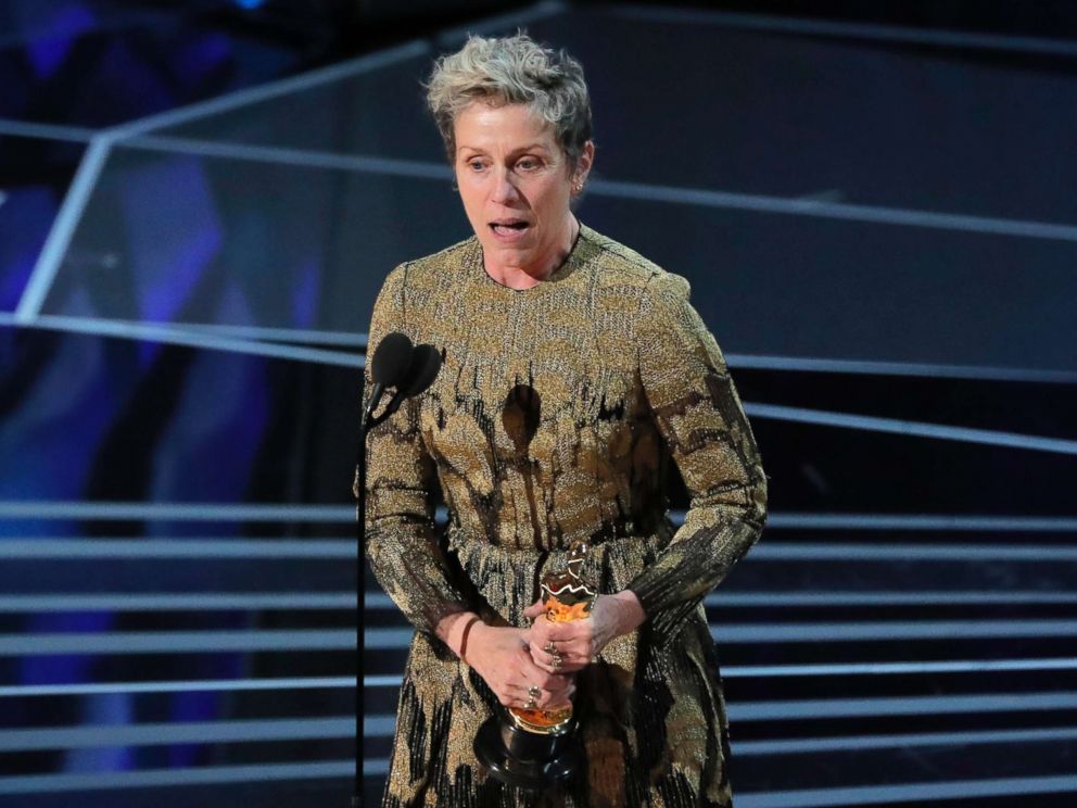 PHOTO: Frances McDormand accepts the Oscar for Best Actress for Three Billboards Outside Ebbing, Missouri, March 4, 2018.