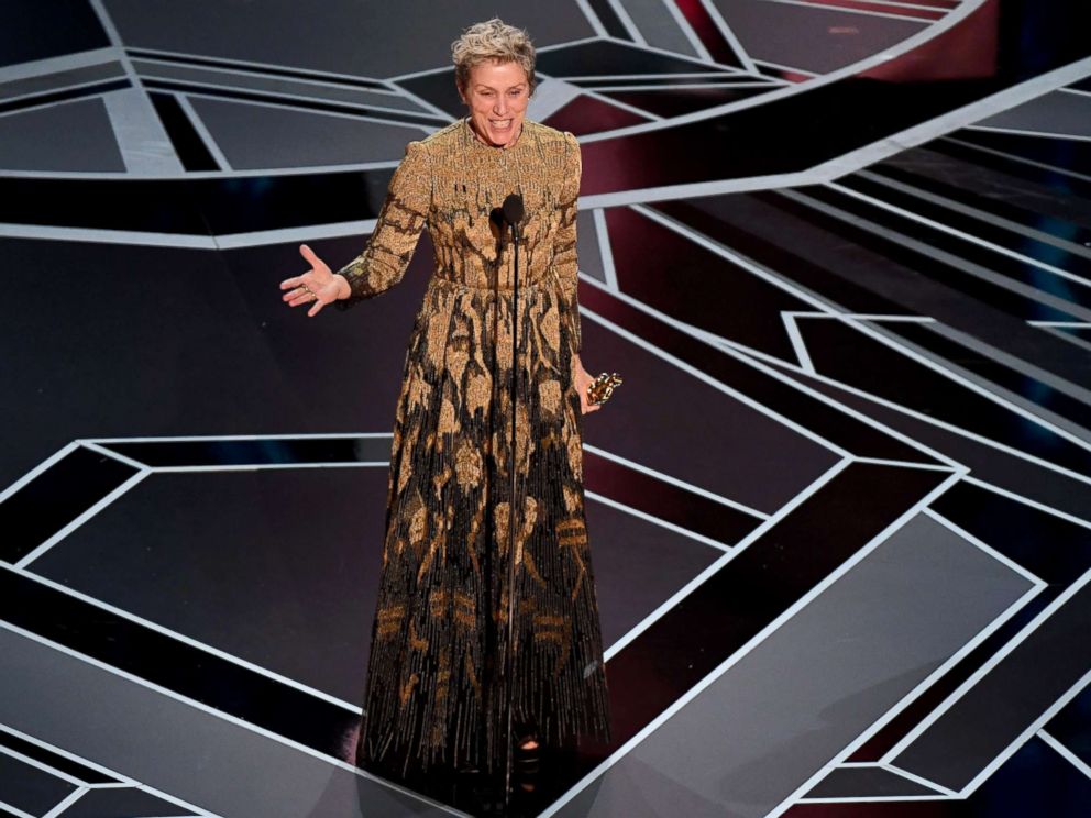 PHOTO: Actress Frances McDormand delivers a speech after she won the Oscar for Best Actress in Three Billboards outside Ebbing, Missouri during the 90th Annual Academy Awards show, March 4, 2018, in Hollywood, Calif.