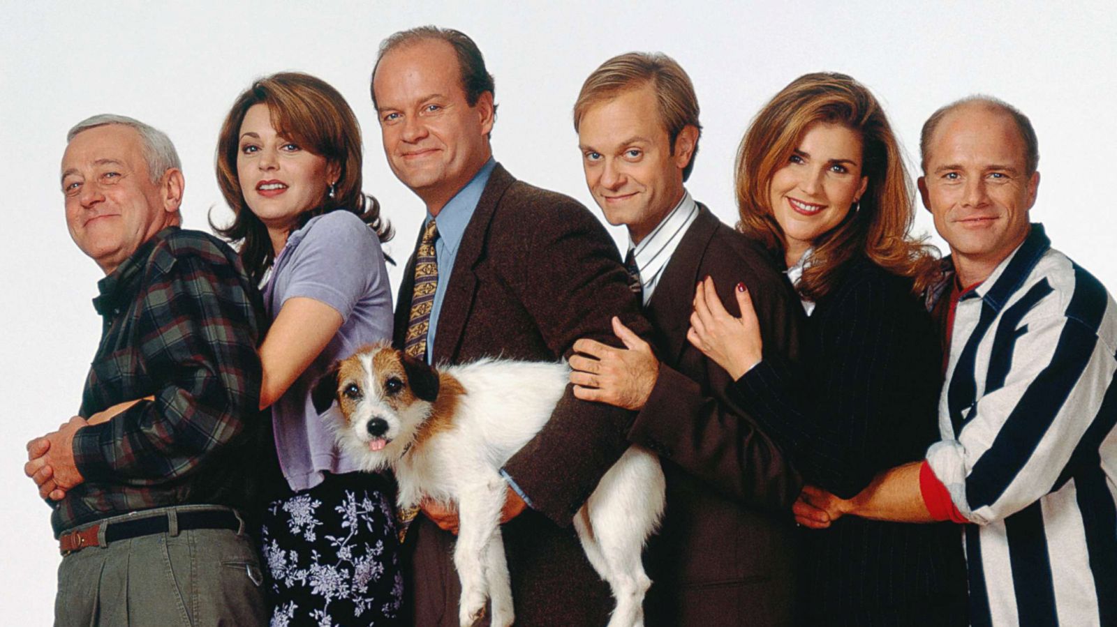 PHOTO: In this file photo shows the cast of Frasier, from left, John Mahoney, Jane Leeves, Moose, Kelsey Grammer, David Hyde Pierce, Peri Gilpin and Dan Butler, July 13, 2006.