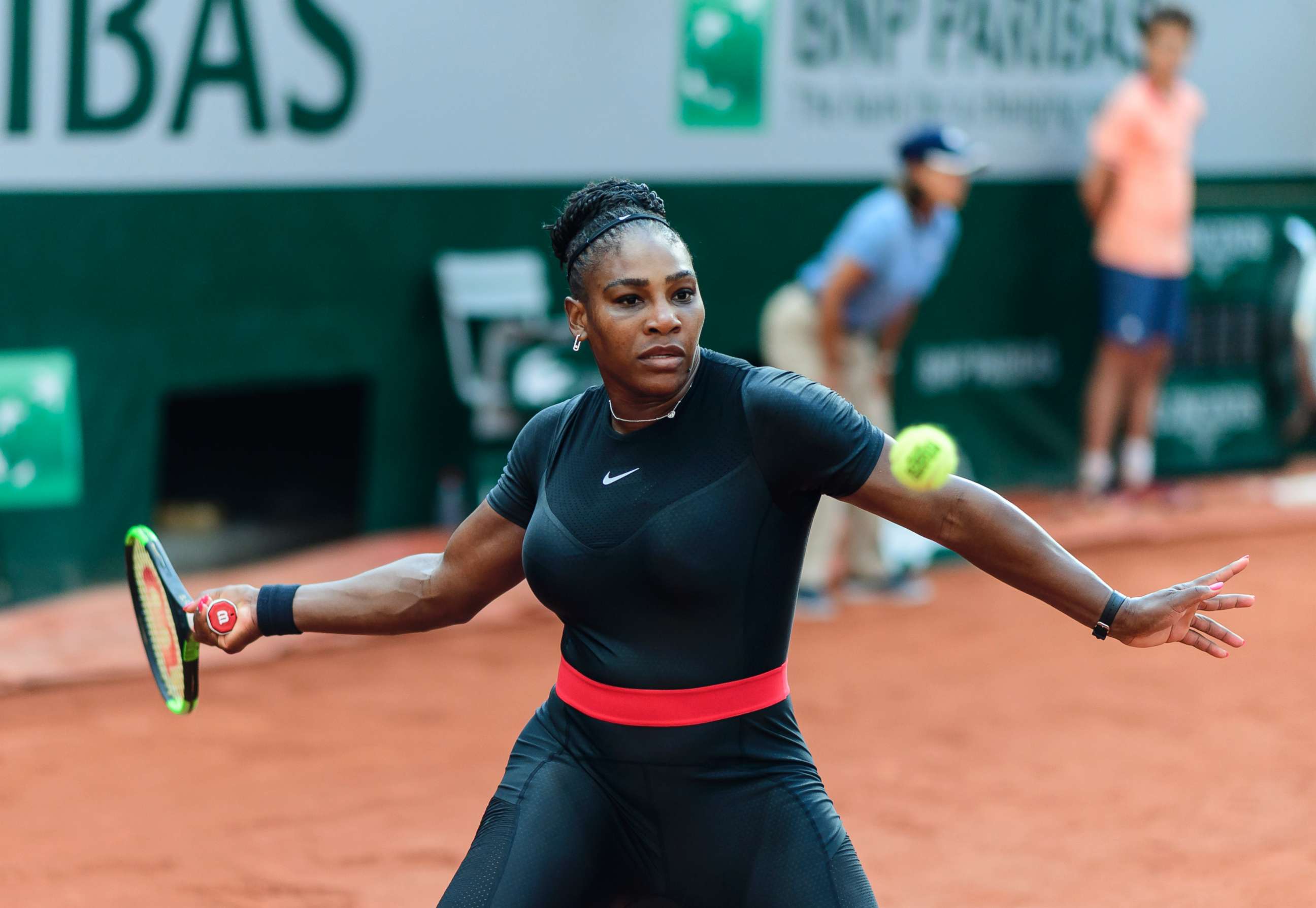 PHOTO: Serena Williams hits a forehand to Julia Goerges of Germany in the third round of the women's singles during the French Open at Roland Garros on June 2, 2018 in Paris. 