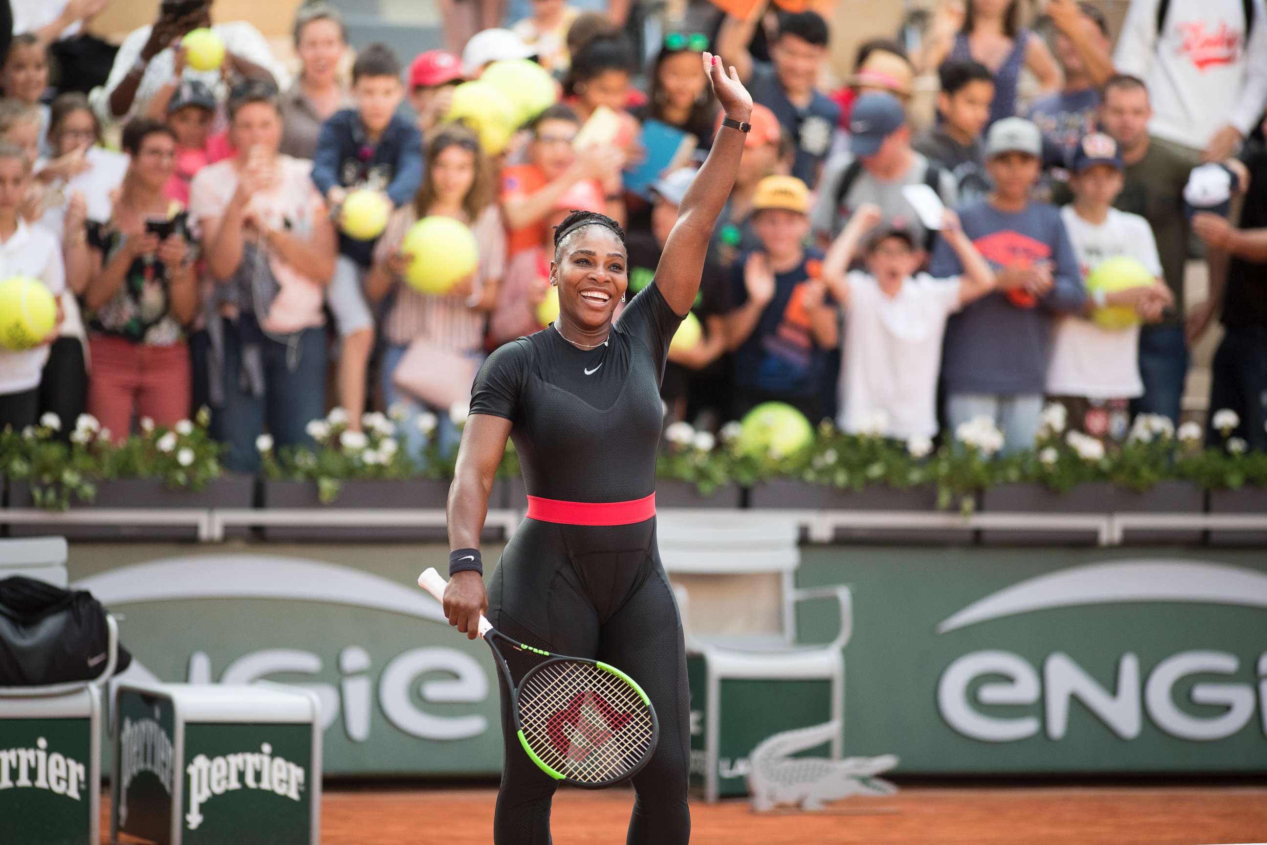 PHOTO: Serena Williams of the United States celebrates her win against Julia Goerges of Germany on Court Suzanne Lenglen in the Women's Singles Competition at the 2018 French Open Tennis Tournament, June 2, 2018, in Paris.