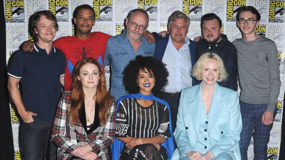 (Back row L-R) Actors Alfie Allen, Jacob Anderson, Liam Cunningham, Conleth Hill, John Bradley, and Isaac Hempstead Wright; (Front row L-R) Sophie Turner, Nathalie Emmanuel and Gwendoline Christie pose for a photo at Comic-Con International 2017  "Game Of Thrones" panel And Q+A Session at San Diego Convention Center, July 21, 2017 in San Diego, Calif.  