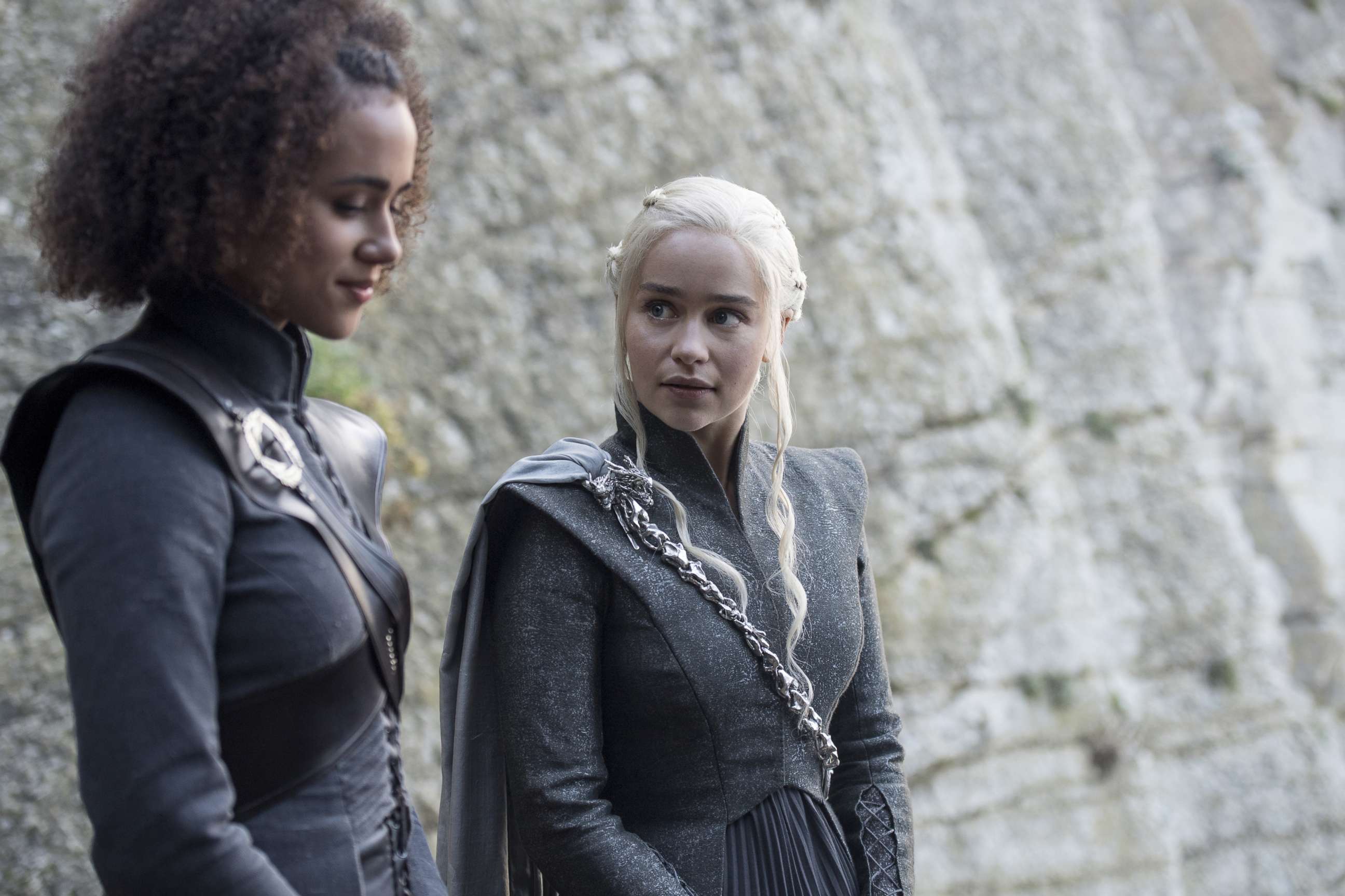 PHOTO: Nathalie Emmanuel and Emilia Clarke in an episode of "Game of Thrones," Aug. 6, 2017.
