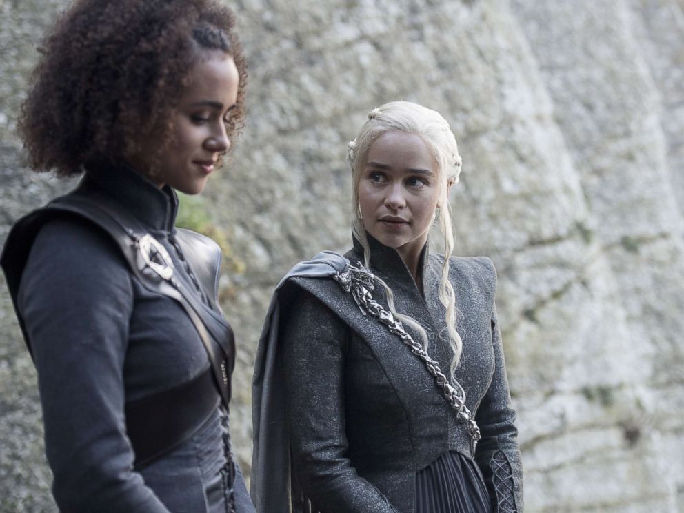 PHOTO: Nathalie Emmanuel and Emilia Clarke in an episode of Game of Thrones, Aug. 6, 2017.