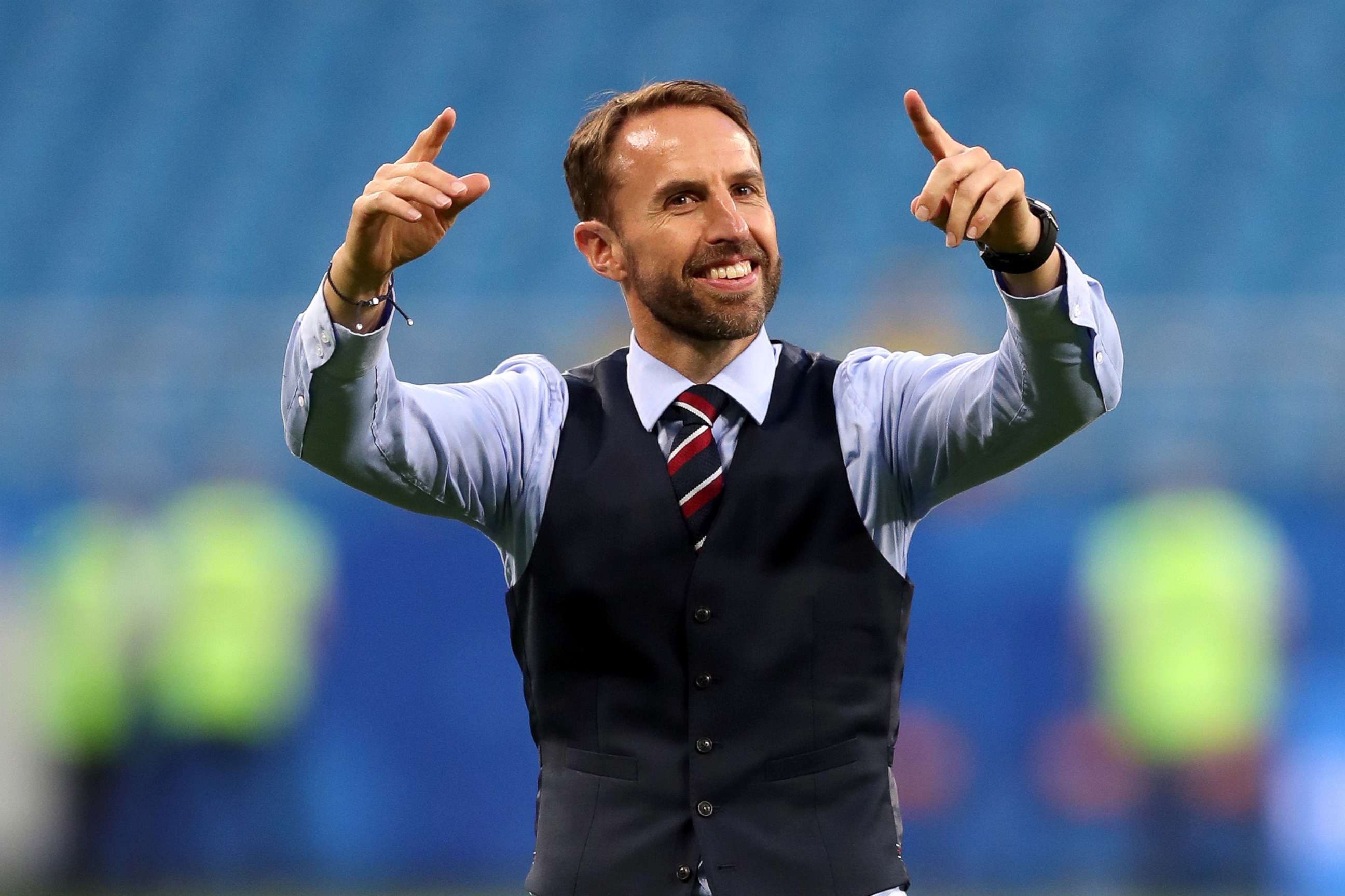 PHOTO: Gareth Southgate, Manager of England, celebrates at the final whistle following victory during the 2018 FIFA World Cup match between Sweden and England, July 7, 2018, in Samara, Russia.