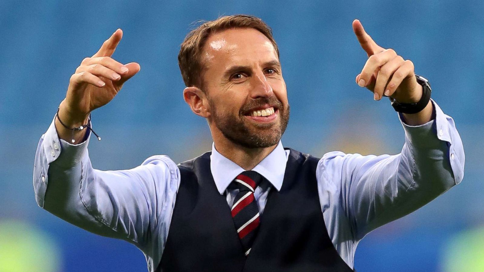 PHOTO: Gareth Southgate, Manager of England, celebrates at the final whistle following victory during the 2018 FIFA World Cup match between Sweden and England, July 7, 2018, in Samara, Russia.