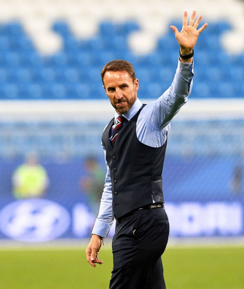 PHOTO: Gareth Southgate, Manager of England, celebrates at the final whistle following victory during the 2018 FIFA World Cup match between Sweden and England, July 7, 2018, in Samara, Russia.