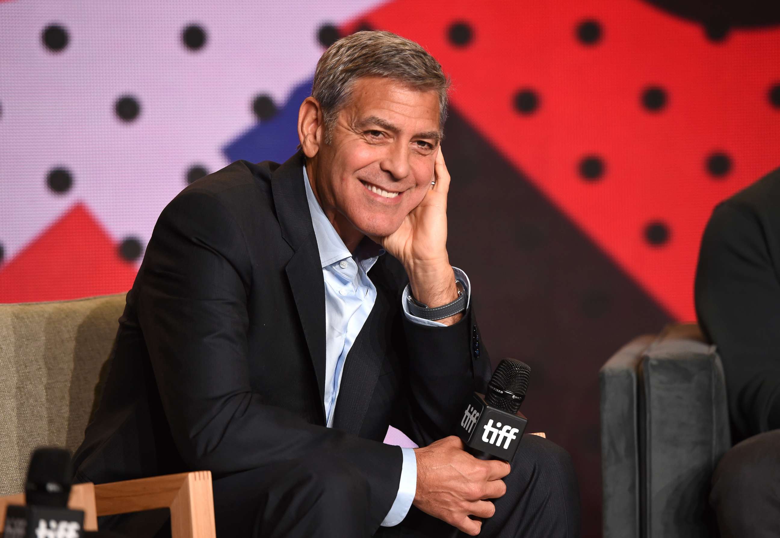 PHOTO: George Clooney speaks onstage at the "Suburbicon" press conference during the 2017 Toronto International Film Festival at TIFF Bell Lightbox, Sept. 10, 2017 in Toronto.