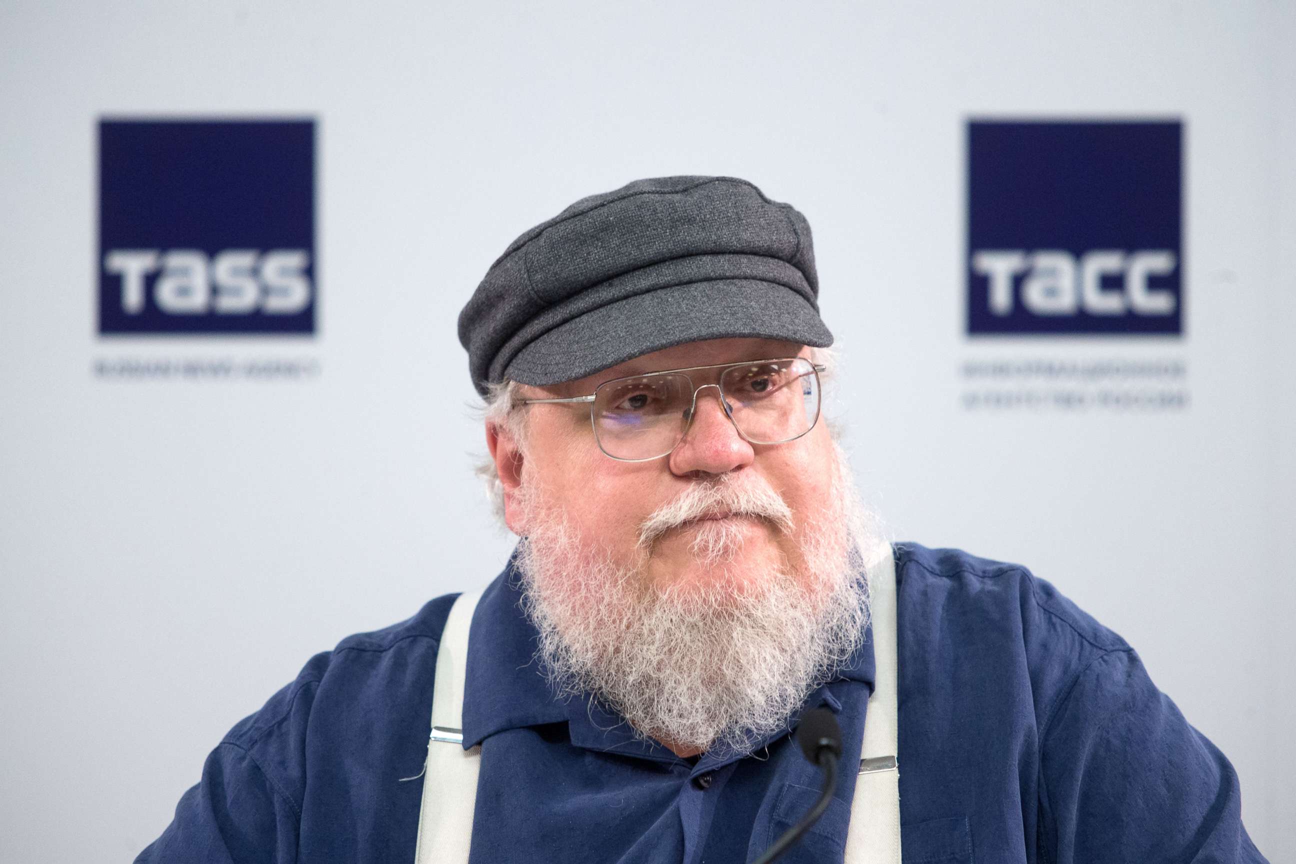 PHOTO: American novelist and short-story writer, screenwriter, and television producer George R. R. Martin attends a press conference, Aug. 16, 2017, in Saint Petersburg, Russia.