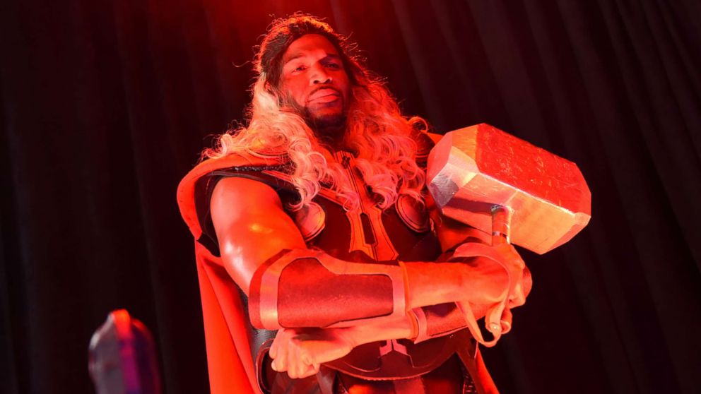 PHOTO: "Good Morning America" co-anchor Michael Strahan dressed as Thor in a Halloween spooktakular that saw superheroes take over Times Square.