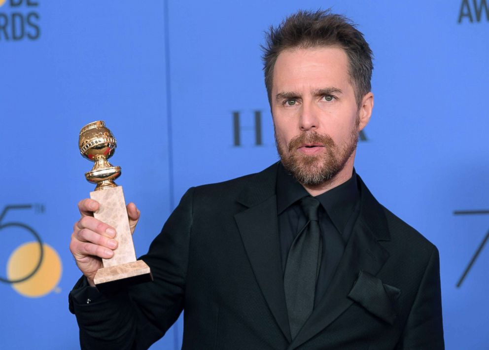 PHOTO: Sam Rockwell accepts the Golden Globe for his role in "Three Billboards Outside Ebbing, Missouri," Jan. 7, 2018, at the 75th annual Golden Globe Awards in Beverly Hills, Callif.