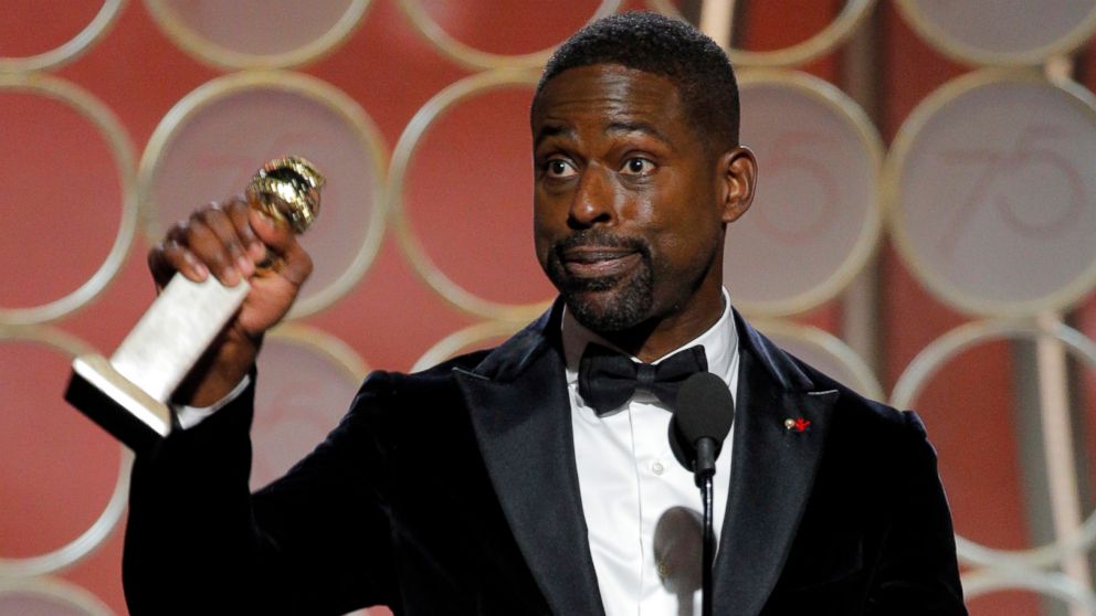 Sterling K. Brown accepts the Golden Globe for his role in "This is Us," Jan. 7, 2018, in Beverly Hills, Calif.
