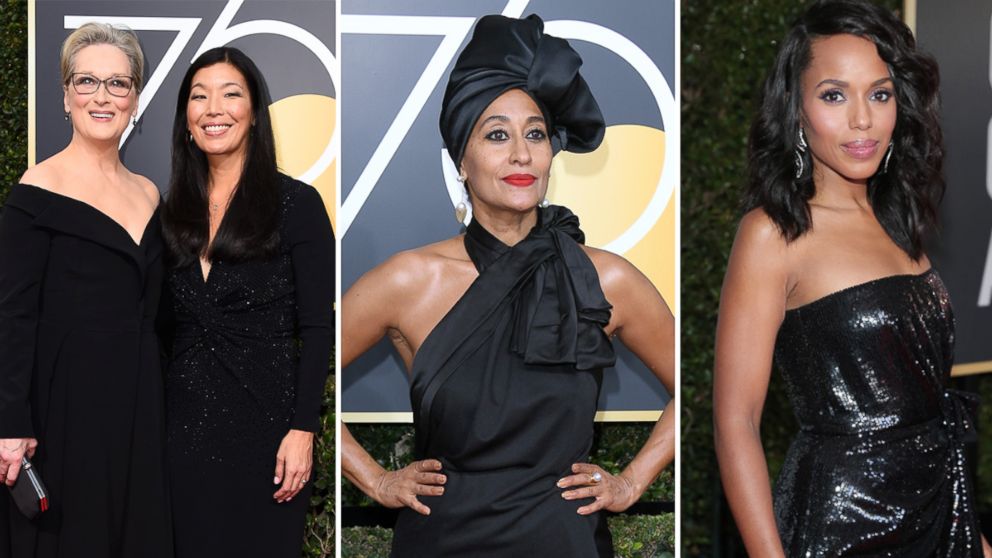 Meryl Streep, left, and Ai-jen Poo, Tracee Ellis Ross and Kerry Washington arrive for the 75th annual Golden Globe Awards, Jan. 7, 2018, in Beverly HIlls, Calif.