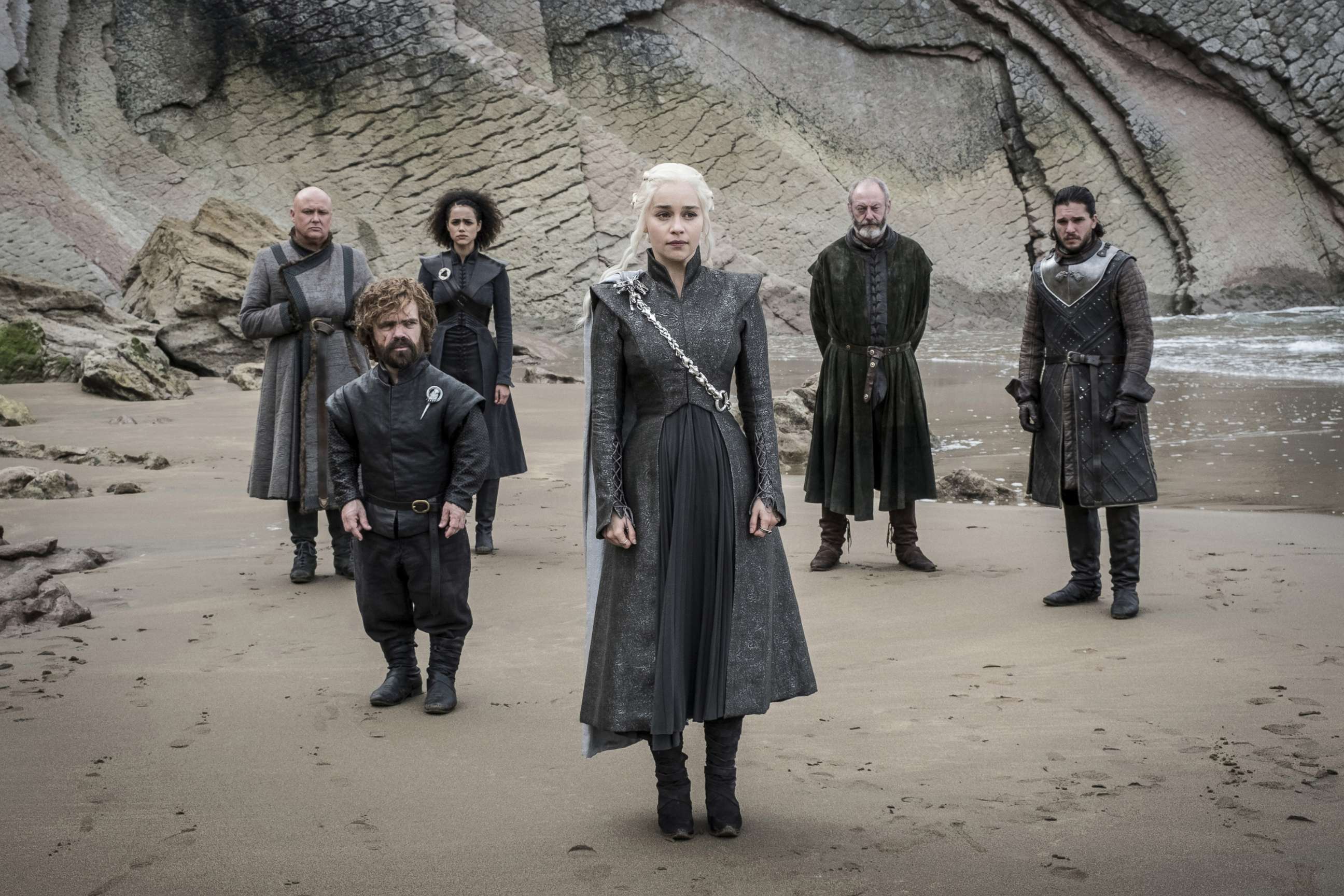 PHOTO: Conleth Hill, Peter Dinklage, Nathalie Emmanuel, Emilia Clarke, Liam Cunningham, Kit Harington on season 7 of Game of Thrones, 2017. 