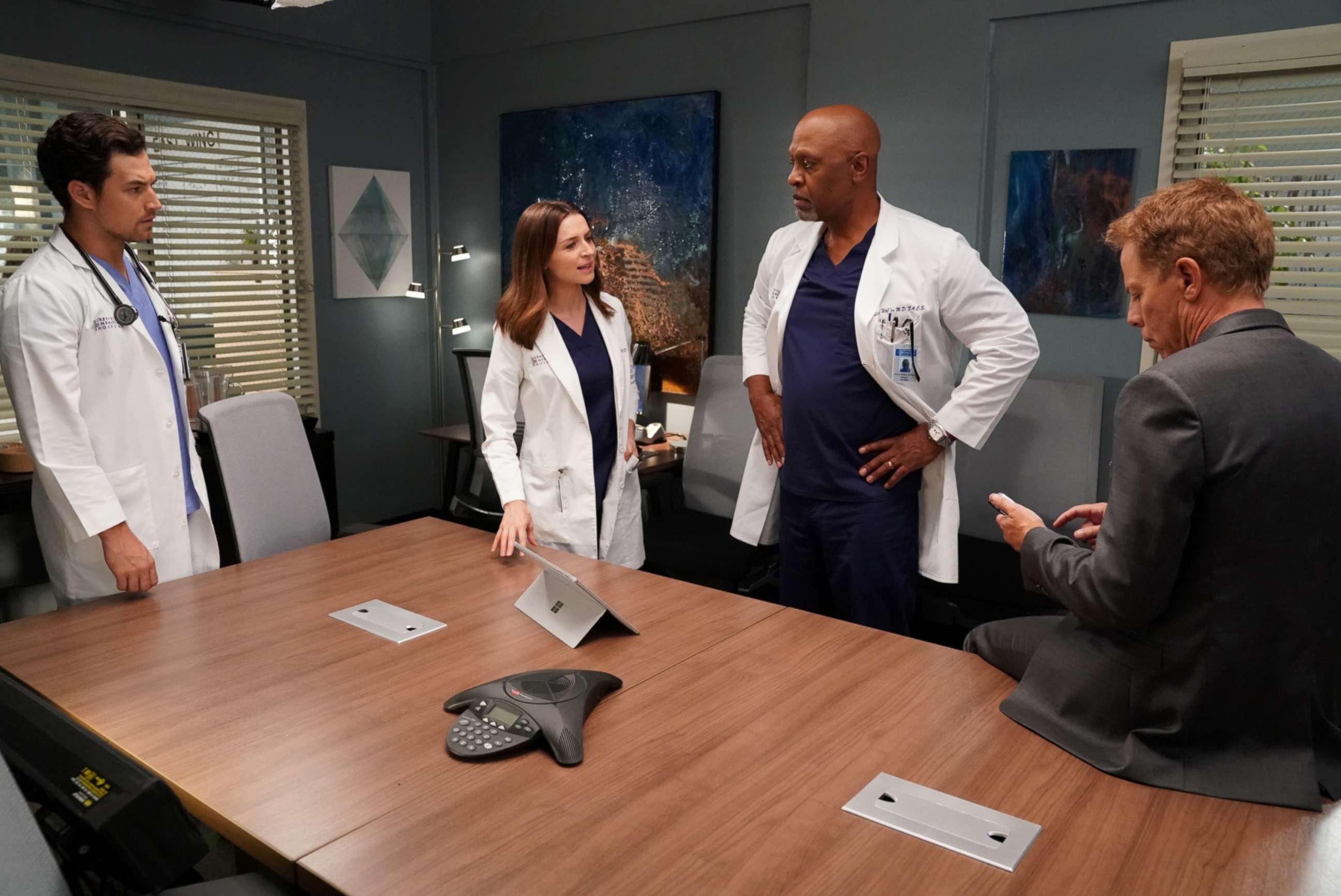 PHOTO:Giacomo Gianniotti, Caterina Scorsone, James Pickens Jr. and Greg Germann on the set of Grey's Anatomy. 
